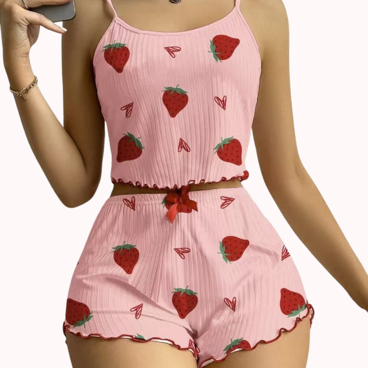 Ribbed Cami & Shorts Pajama Set – Heart & Strawberry Print, Lettuce Hem