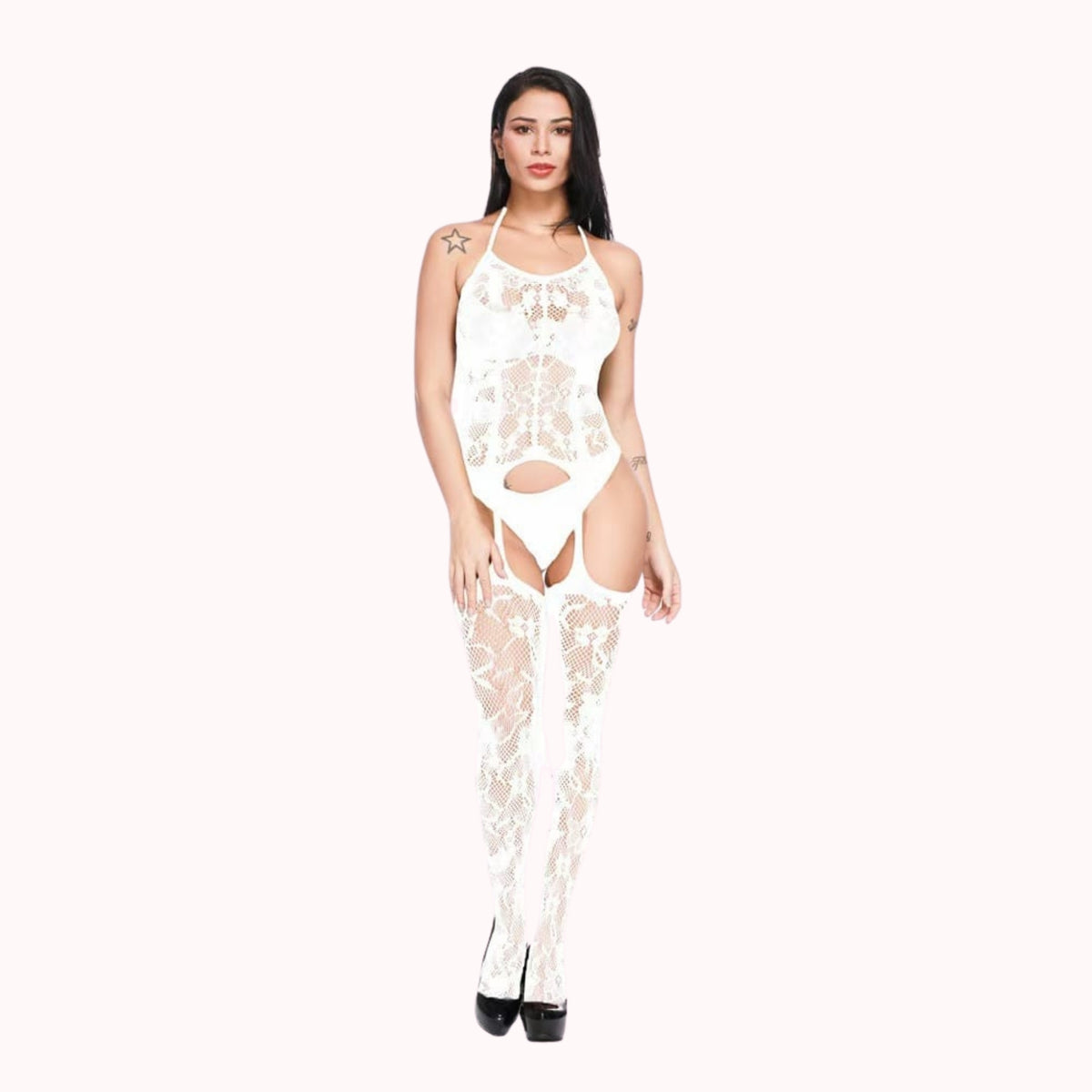 Elegant Lace Garter Bodysuit Lingerie Set with Thigh-High Stockings