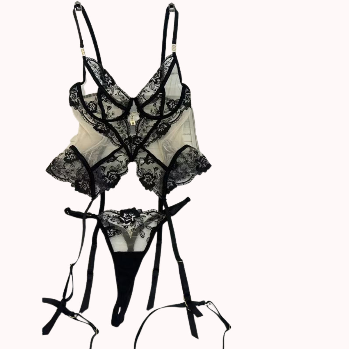 Black Floral Lace Corset Set with Garter Belt & Thong