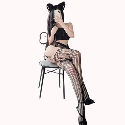 Black Fishnet Bodystocking – High Waist Lace Pantyhose
