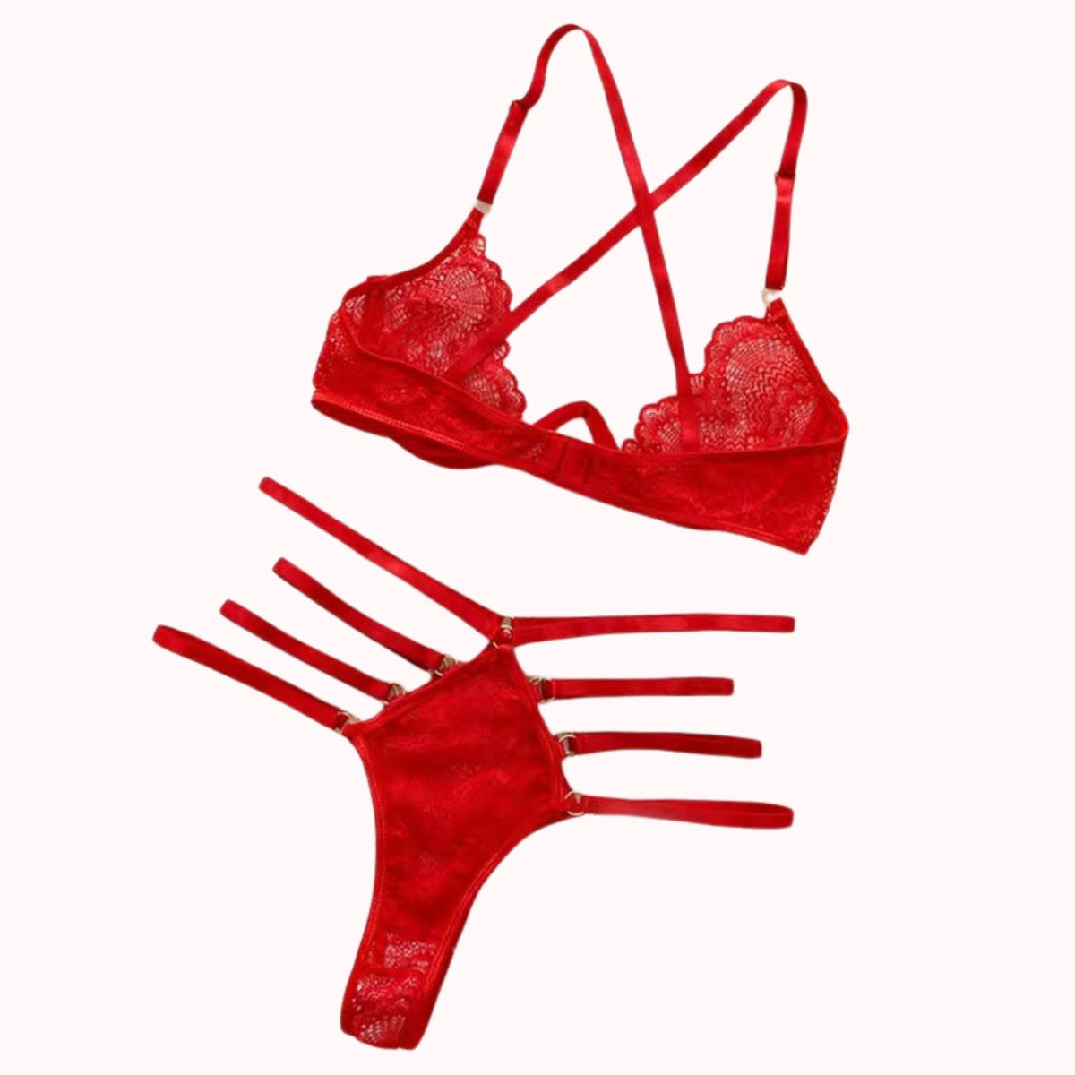 Red Lace Bra & Thong Set – Adjustable Strappy Lingerie
