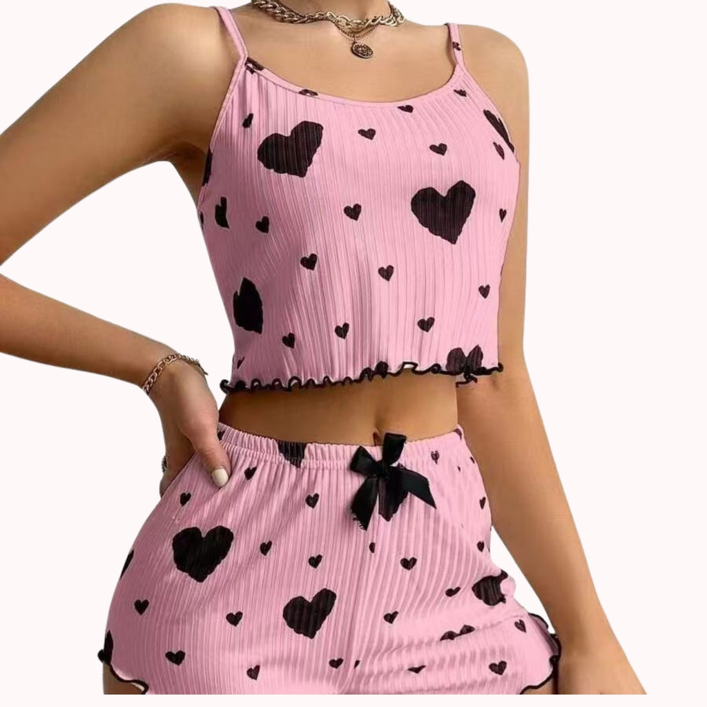 Ribbed Cami & Shorts Pajama Set – Heart & Strawberry Print, Lettuce Hem