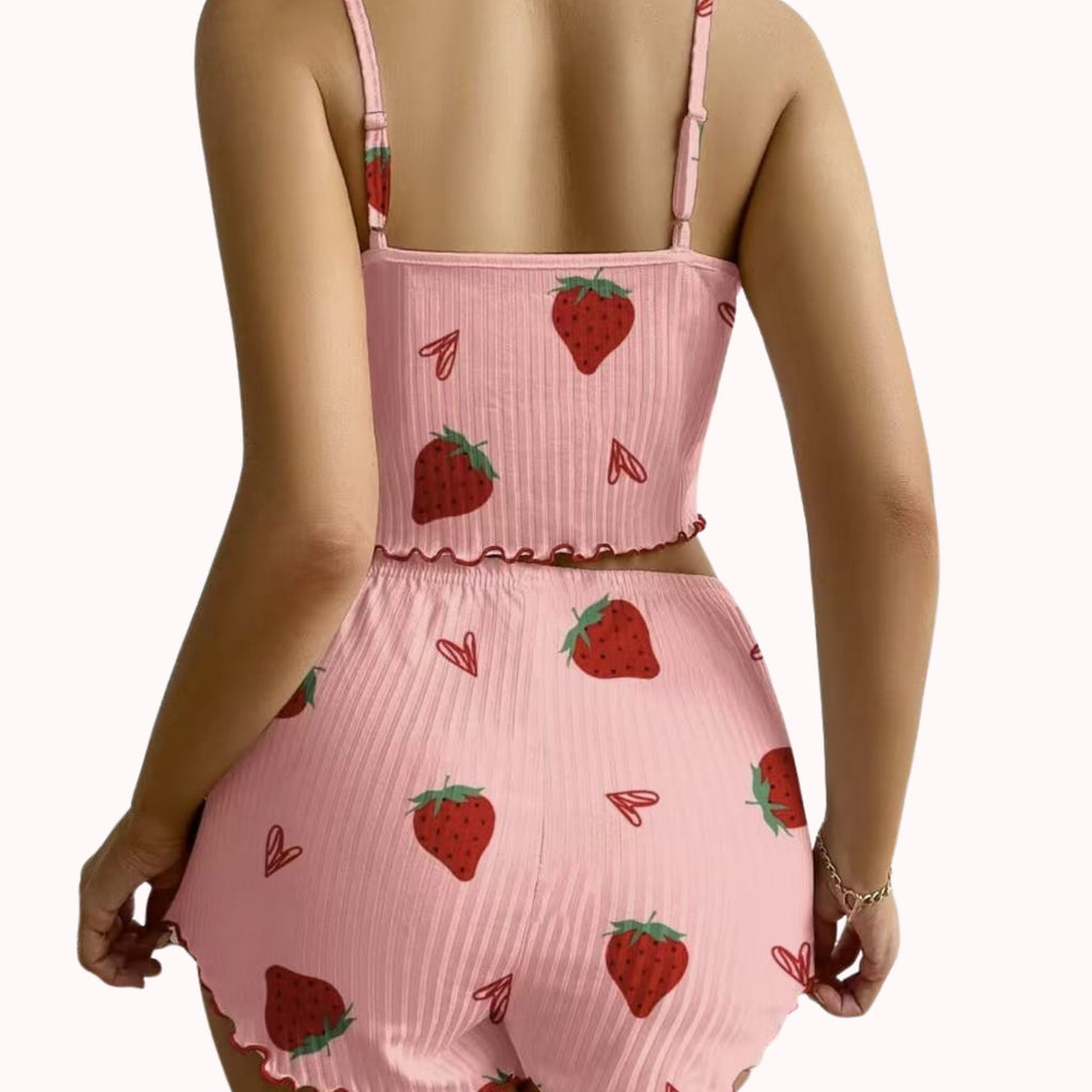 Ribbed Cami & Shorts Pajama Set – Heart & Strawberry Print, Lettuce Hem
