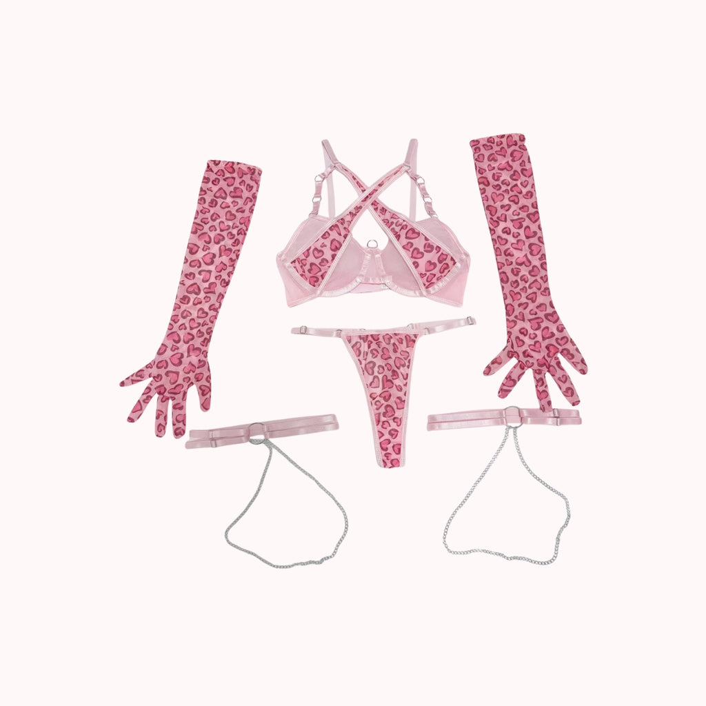 Sweetheart Fantasy™ 5-Piece Heart Print Lingerie Set – Adjustable Lace Mesh Bra & Panty