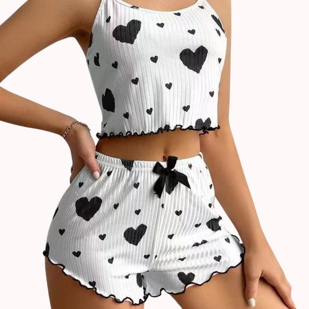 Ribbed Cami & Shorts Pajama Set – Heart & Strawberry Print, Lettuce Hem