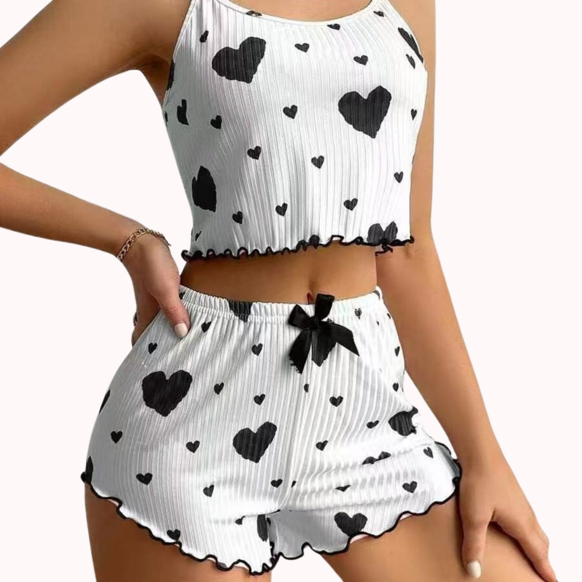 Ribbed Cami & Shorts Pajama Set – Heart & Strawberry Print, Lettuce Hem