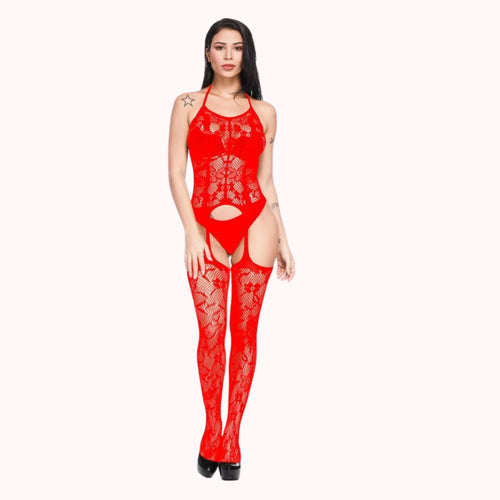 Elegant Lace Garter Bodysuit Lingerie Set with Thigh-High Stockings
