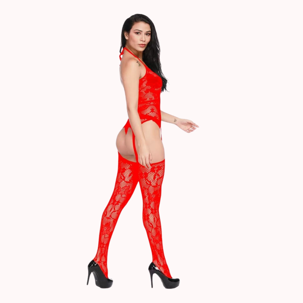 Elegant Lace Garter Bodysuit Lingerie Set with Thigh-High Stockings