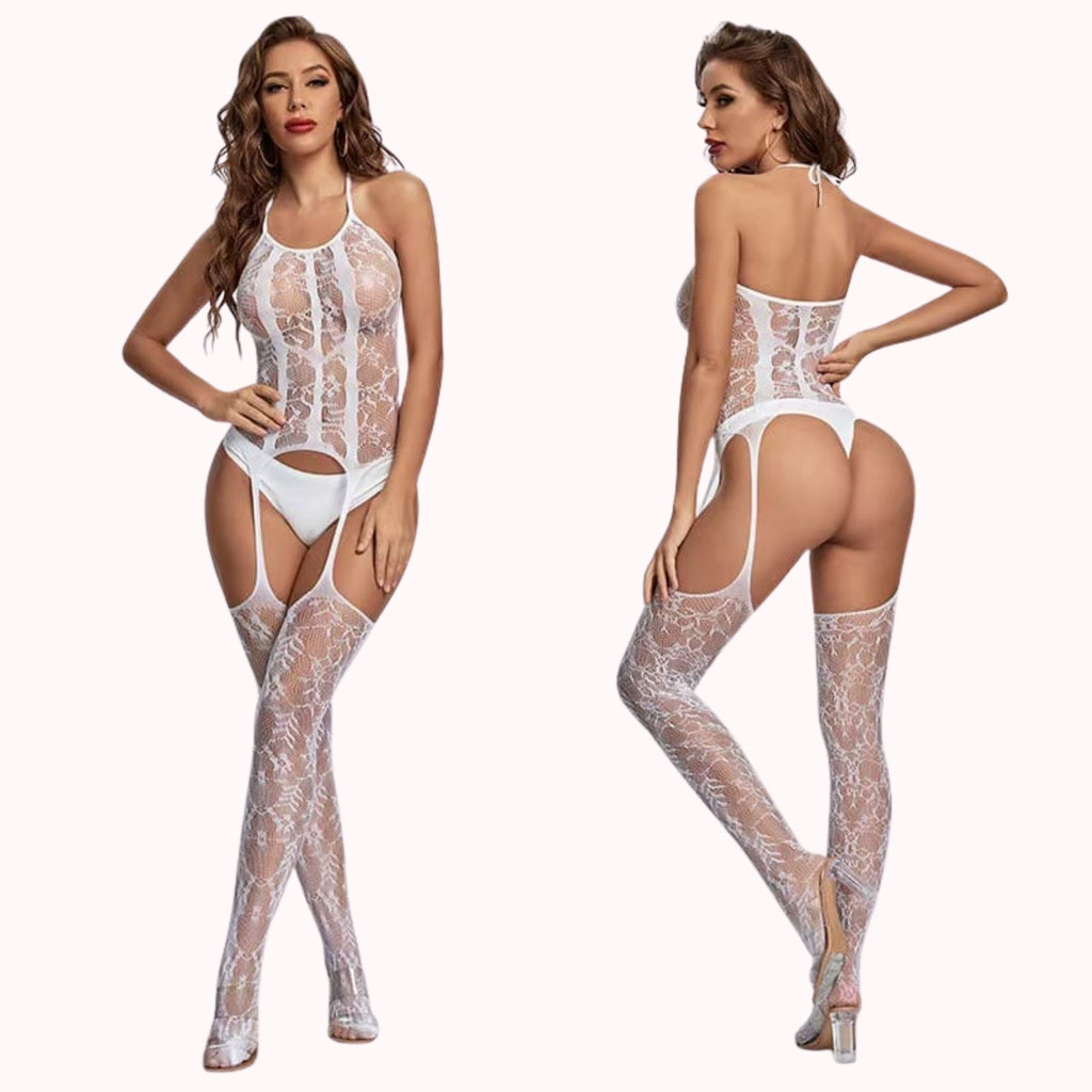 Elegant Lace Garter Bodysuit Lingerie Set with Thigh-High Stockings